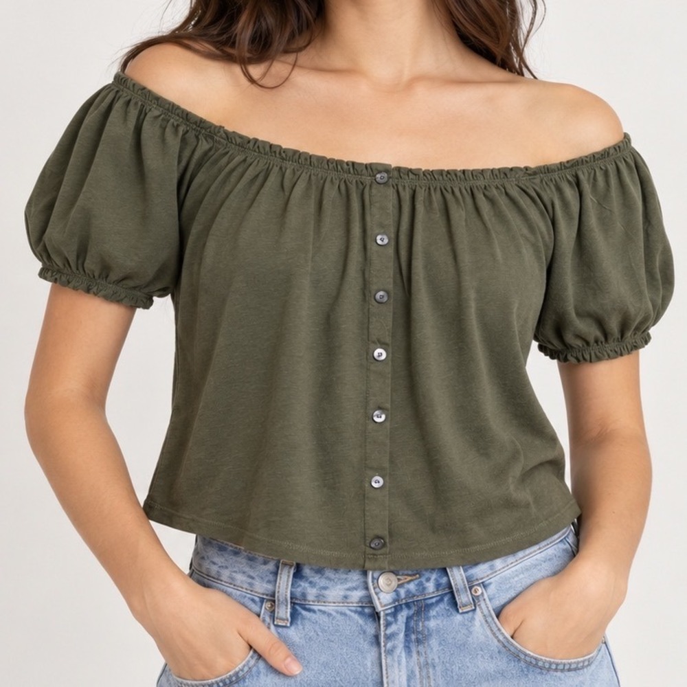American Eagle Olive Green Puff Sleeve Peasant Crop Top Cottagecore Boho M